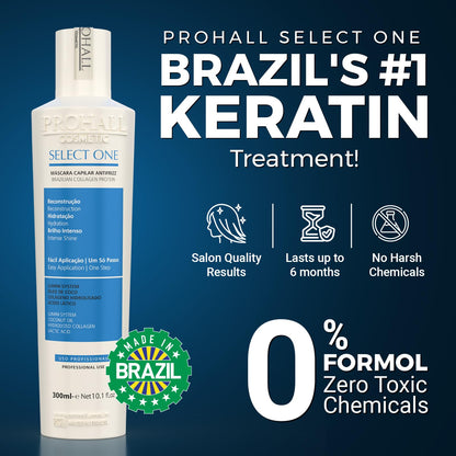 Brazilian Keratin Treatment Blowout Complex - PROHALL SELECT ONE 10.1oz/300ml - Formaldehyde Free Keratin Hair Treatment at Home - Queratina Brasileña Keratina Para Alisar el Pelo Sin Formol